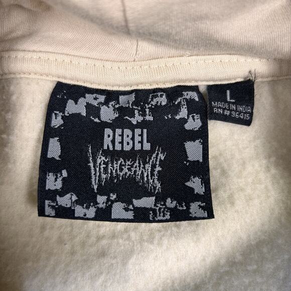 Rebel Vengeance Hoodie Mens‎ Large Beige Graphic Skull Punk Streetwear Pullover - Picture 6 of 11